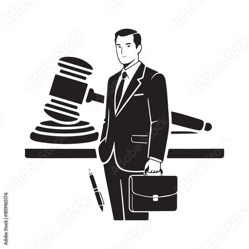 Monochrome illustration of a lawyer with a briefcase, pen, and large gavel.
