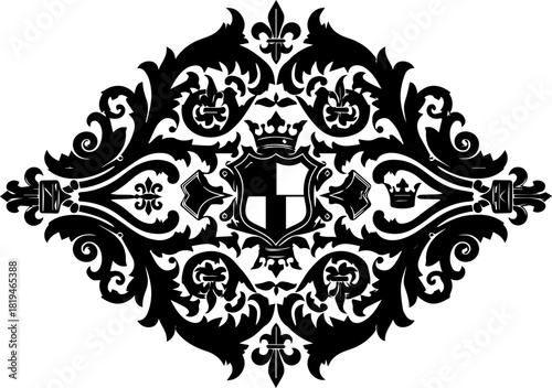 Elegant heraldic emblem with crown and shield for branding, crests, and luxurious design projects; vector illustration with intricate floral ornaments