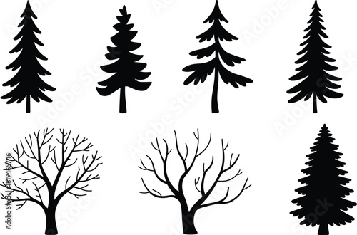 Tree silhouette collection, coniferous and deciduous, black vector, nature design, forest shape, botanical art, minimal style, seasonal, organic, sketch