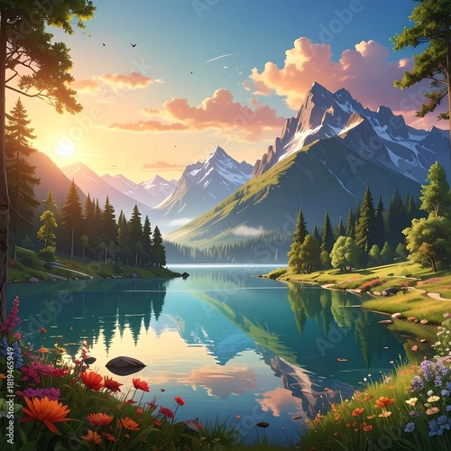 Serene mountain lake at sunset, reflecting sky and trees