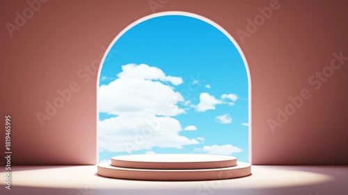 Archway reveals bright sky and clouds above a minimalist podium.