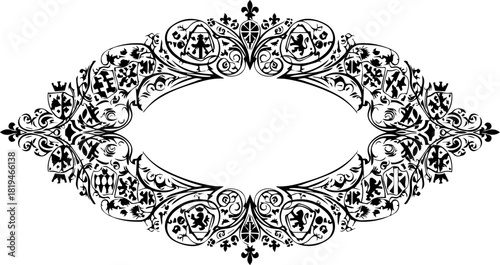 Elegant vintage ornamental frame design with intricate floral patterns and heraldic elements for luxury branding and classic invitations