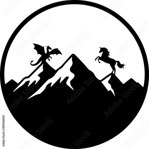 Majestic dragon and rearing unicorn atop rugged mountains create a mythical fantasy scene, perfect for epic adventures and heroic tales.
