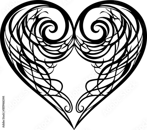 Elegant swirling heart with intricate wing-like flourishes, symbolizing love, passion, and romantic artistry for design projects