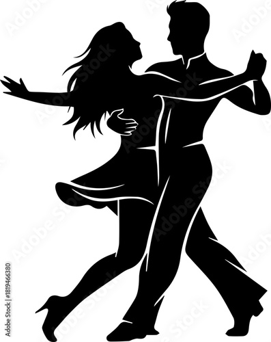 Dynamic dancing couple in elegant pose captures passion and movement, perfect for celebrations and artistic expression.