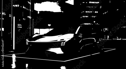 Sleek modern electric car illuminated dramatically in a futuristic showroom, hinting at innovation and luxury automotive design.