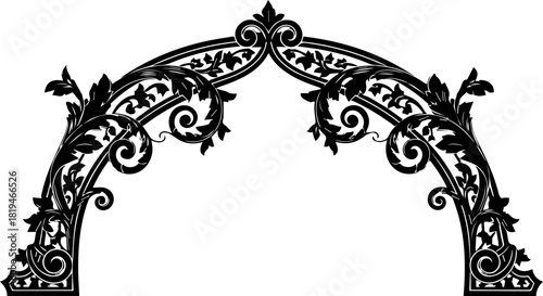Exquisite ornate black archway design with intricate floral scrollwork and decorative flourishes, perfect for elegant invitations and vintage branding