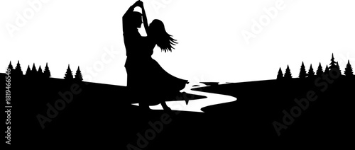 Joyful couple dancing romantically amidst serene nature with a winding river and evergreen trees creating a timeless scene of love and freedom