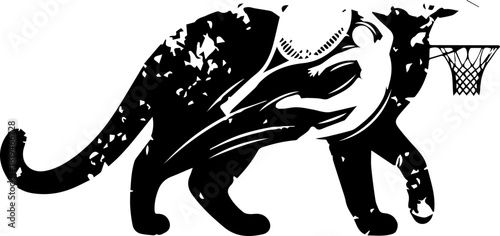 Dynamic panther silhouette merges with powerful basketball player in mid-air slam dunk action