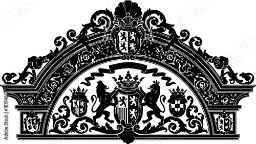 Elegant heraldic crest design with lions and ornate scrollwork evokes timeless prestige and historical grandeur for sophisticated branding.