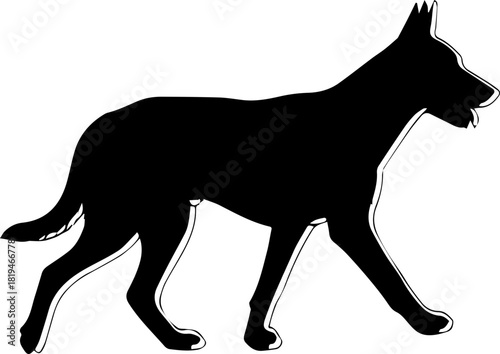 Sleek black silhouette of a German Shepherd dog walking confidently, capturing movement and breed-specific form with clean lines and dynamic pose.