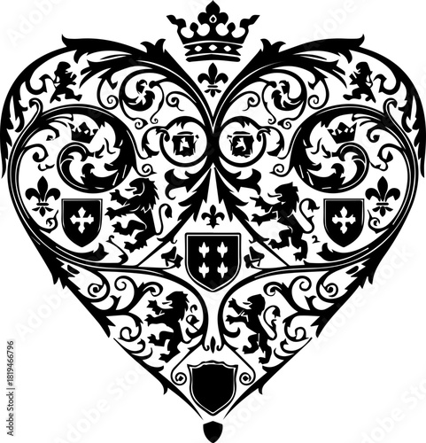 Elegant ornate heart crest design with heraldic lions fleur de lis and crown, symbolizing heritage and nobility for sophisticated branding