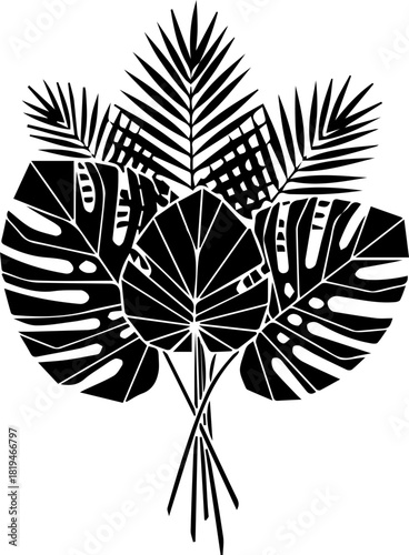 Elegant tropical foliage bouquet, showcasing monstera and palm leaves, perfect for modern decor and nature-inspired designs.