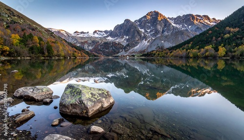 Serene mountain lake reflecting autumnal colors at sunrise