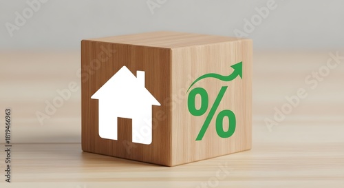 A wooden block with a white house icon and a green percentage sign with an upward trending arrow on it