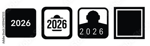 Illustration of the 2026 square badge simple silhouette vector icon set. happy New Year 2026 vector icons collection.