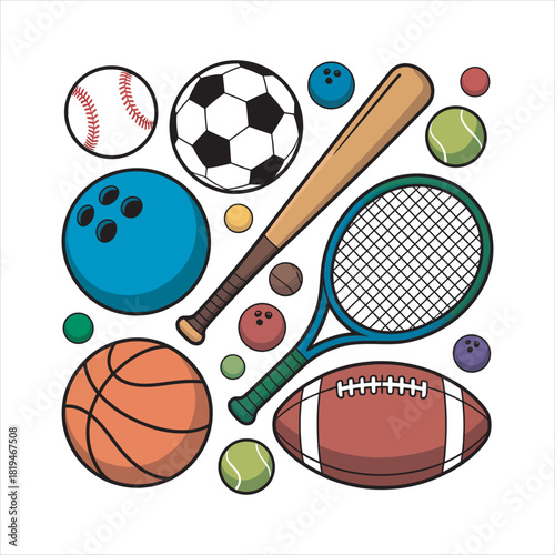 Collection of equipment for popular games like baseball and basketball appear together, isolated on white