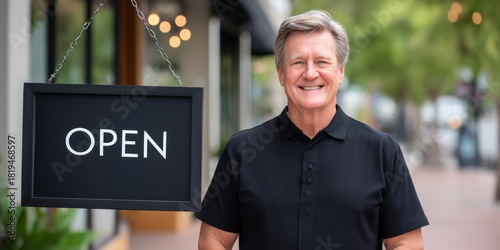 Fototapeta Naklejka Na Ścianę i Meble -  Small business owner smiling outside storefront open sign friendly entrepreneur standing sidewalk