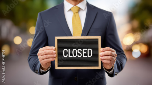 Fototapeta Naklejka Na Ścianę i Meble -  Small business owner in suit holding closed sign expressing disappointment