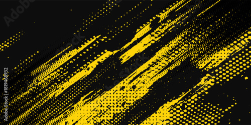 Yellow and black backdrop with dot halftone pattern element. Abstract brush grunge background. retro comic concept for your graphic design, banner or poster. Vector illustration.
