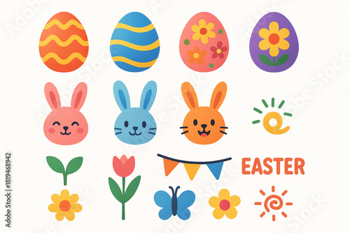 Color rich Easter icon set composed of artistic eggs fun bunny faces whimsical spring plants party bunting and seasonal doodles bold flat design shapes gentle gradients high quality vector