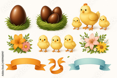 Detailed Easter celebration icon bundle containing realistic chocolate eggs textured grass nests cute chick families floral bouquets and decorative ribbons polished vector 