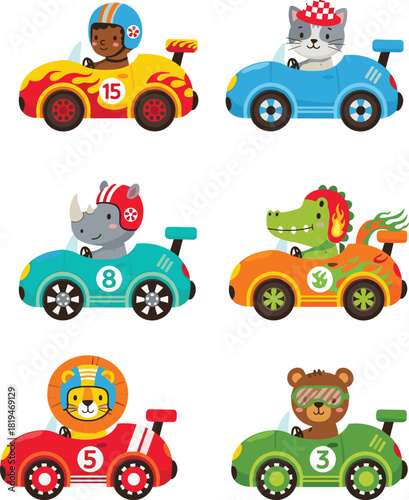 Cartoon race cars with animal drivers, colorful numbered vehicles, fun characters, vector set for kids racing and games