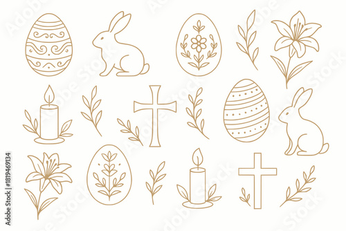 Elegant thin line Easter vector symbols with refined egg decorations graceful rabbit outlines lilies candles crosses and delicate foliage monochrome or soft pastel accents minimalistic forms on white