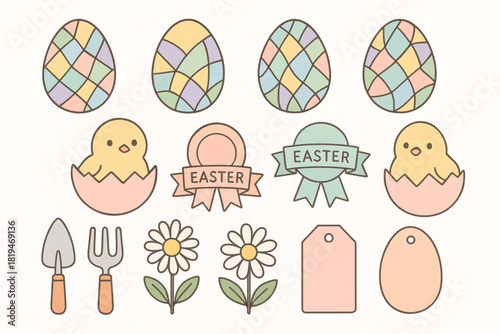 Pastel Easter symbol pack with stylized egg mosaics cute chick hatchlings ribbon badges blooming daisies garden tools and festive tags high detail vector lines smooth contours balanced soft colors