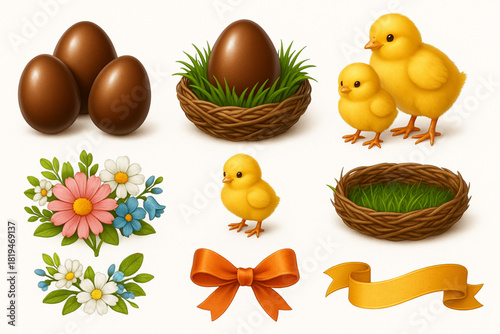 Detailed Easter celebration icon bundle containing realistic chocolate eggs textured grass nests cute chick families floral bouquets and decorative ribbons polished vector 