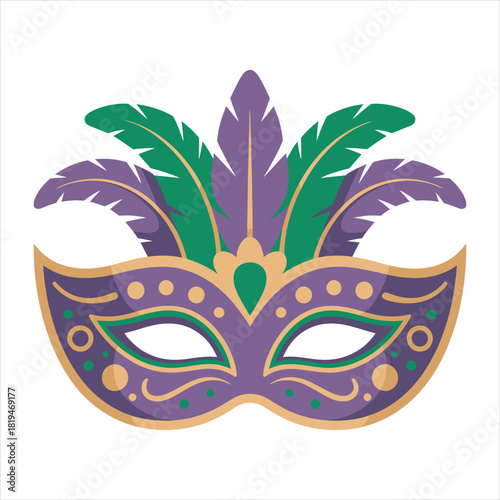 Colorful Mardi Gras mask with purple, green, and gold feathers is prominently displayed against white