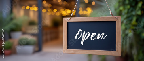Fototapeta Naklejka Na Ścianę i Meble -  Small business open sign hanging outside shop with bokeh lights creating warm inviting mood