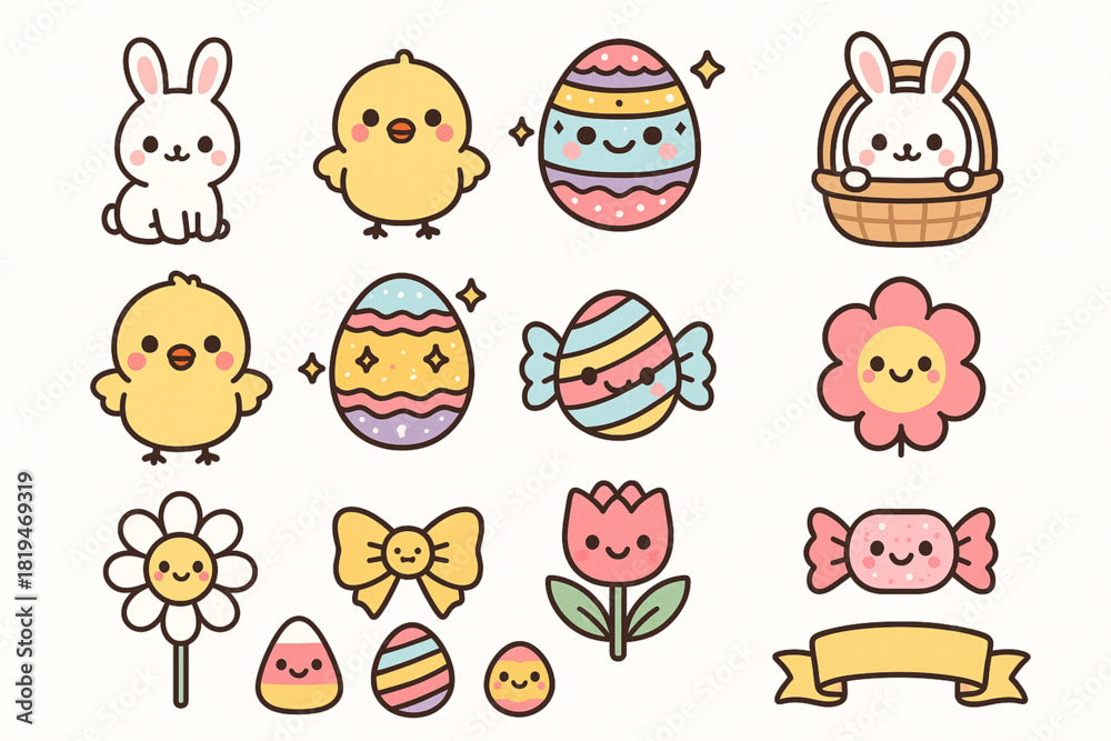 Obraz premium Kawaii Easter vector icon pack featuring tiny adorable bunnies expressive chicks glittery egg designs candy elements smiling flowers and ribbon borders rounded cartoon shapes clean 