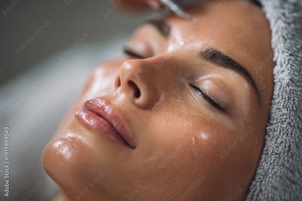 Naklejka premium A woman with glowing skin receiving a chemical peel treatment in a luxury spa.