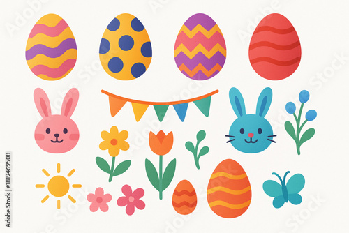 Color rich Easter icon set composed of artistic eggs fun bunny faces whimsical spring plants party bunting and seasonal doodles bold flat design shapes gentle gradients high quality vector