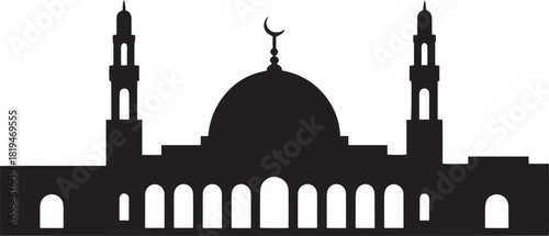 Islamic mosque silhouette with dome and minarets on transparent background religion building