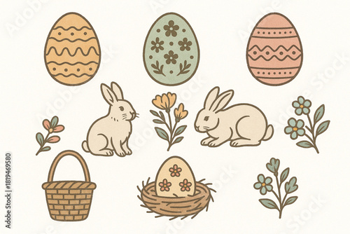Retro Easter icon set with vintage inspired egg patterns hand drawn bunnies old style florals rustic baskets and textured decorative elements vector clean outlines muted pastel palette 