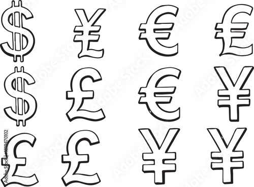 A 3D vector illustration displaying various global currency symbols for finance and money exchange