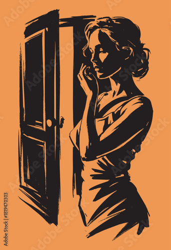 Woman in slip dress looking at her hand by an open door with striking shadows