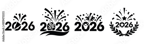 Illustration of the 2026 celebration mark simple silhouette vector icon set. happy New Year 2026 vector icons collection.
