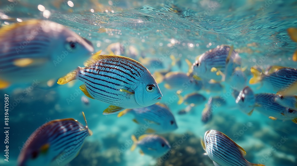 Fototapeta premium A school of tropical fish swims gracefully through the clear waters of the reef, showcasing their vibrant colors and patterns. The tropical fish appear lively as they navigate thei