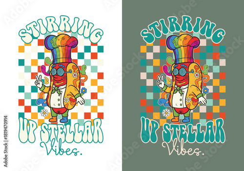 Psychedelic Hot Dog Chef Cartoon Colorful Groovy Cooking Character Art for Retro Merchandise.
