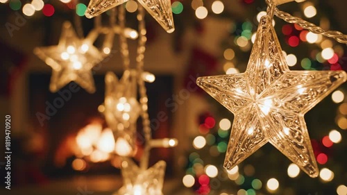 close up of hanging christmas star lights for festive season banners, winter holiday party invitations, new year greetings, or cozy home decor blogs