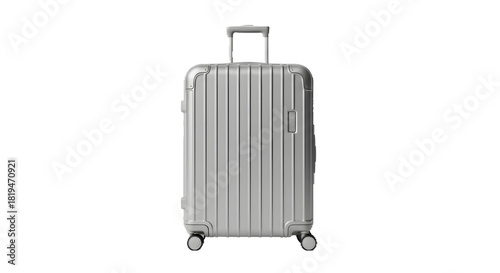 Silver suitcase has ribbed texture in direct studio lighting on black. Use for product photography, branding, mockups, posters.