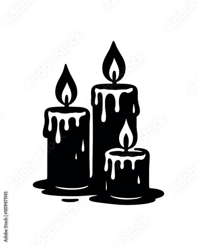 Candle trio with wax drip black silhouette with flame and melt lines cozy holiday decor visual