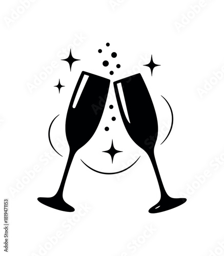 Clinking champagne glasses black silhouette with sparkle and bubble lines celebration toast moment