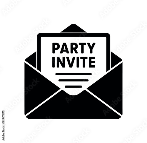 Envelope with party invite inside black silhouette with flap and insert line accents event invitation visual