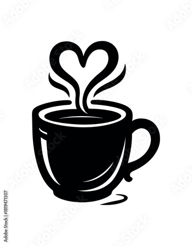 Cup of cocoa with heart steam black silhouette with swirl and mug line accents cozy love drink