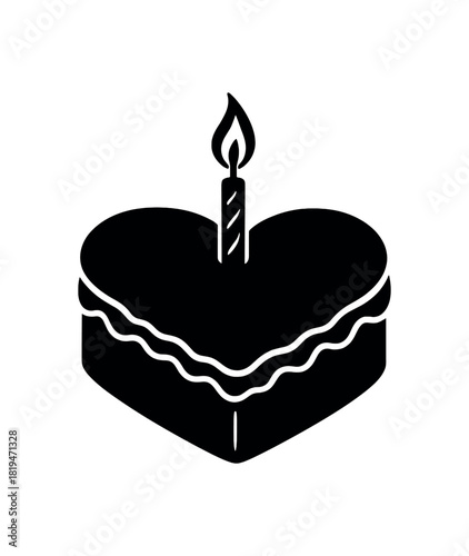 Heartshaped cake with candle black silhouette with frosting and flame lines romantic dessert item