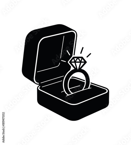 Ring box with diamond ring inside black silhouette with edge and gem lines proposal moment visual